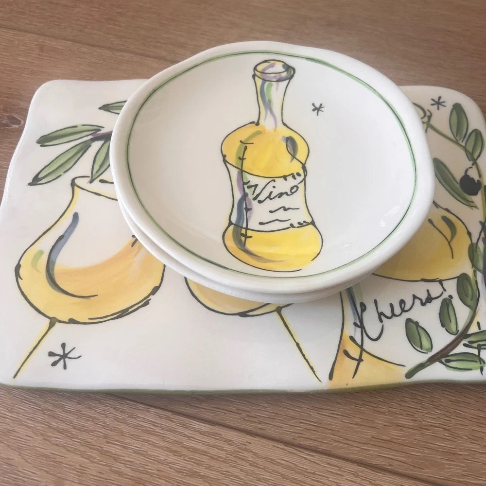 Vtg‎ Julia Junkin Hand Painted Ceramic Wine Olive Appetizer Set Plates 3pc